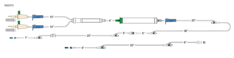 CODAN (2) vented spikes, (3) roller clamps, 200 micron filter chamber, cylinder hand pump, slide clamp, detachable 2-gang four-way stopcock, male luer-lock