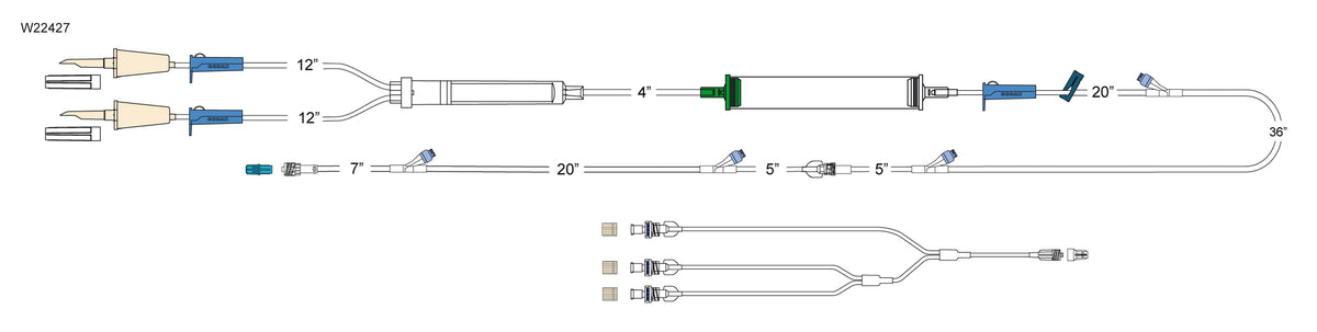 CODAN (2) non-vented spikes, (3) roller clamps, 200 micron filter chamber, cylinder hand pump, (4) needlefree Y-sites, spin-lock Trifurcated extension set, (3) pressure-activated valves, male luer lock