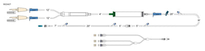 CODAN (2) non-vented spikes, (3) roller clamps, 200 micron filter chamber, cylinder hand pump, (4) needlefree Y-sites, spin-lock Trifurcated extension set, (3) pressure-activated valves, male luer lock