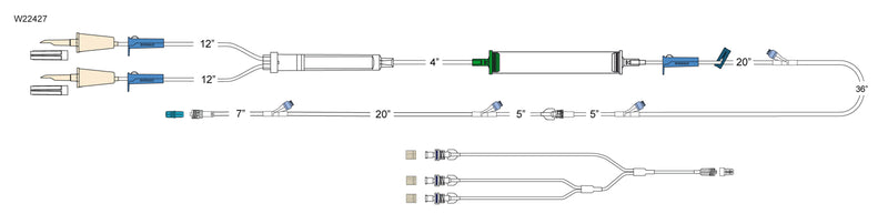 CODAN (2) non-vented spikes, (3) roller clamps, 200 micron filter chamber, cylinder hand pump, (4) needlefree Y-sites, spin-lock Trifurcated extension set, (3) pressure-activated valves, male luer lock