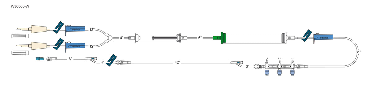 CODAN (2) non-vented spikes, (4) slide clamps, (3) roller clamps, elongated 170 micron filter chamber, cylinder hand pump, detachable 3-gang four-way swabable stopcocks on a manifold plate, (2) needlefree Y-sites, 10” pigtail with spin-lock