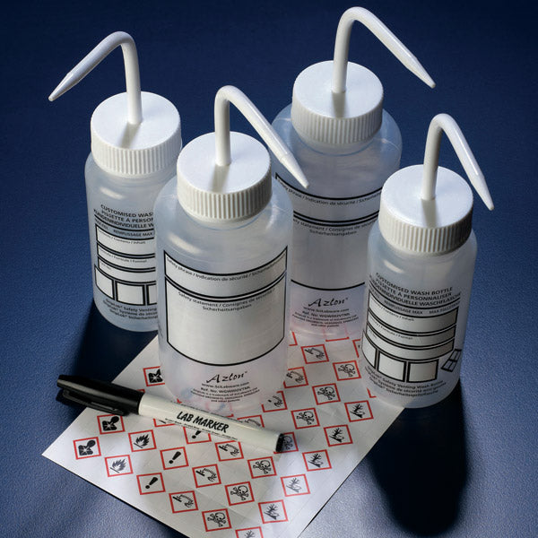 Globe Scientific Wash Bottle, Wide Mouth, LDPE, Do-It-Yourself, Write-On-Panel, Safety Vented, WHITE Screwcap