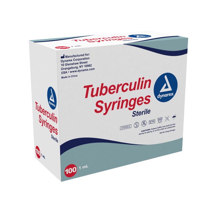 Dynarex Tuberculin Syringes 26G 3/8'' case of 10 Quantity per box: 100