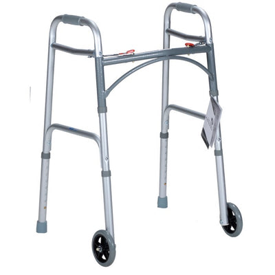 Dynarex Two Button Folding Walker With Wheels size adult per box quantity is 1