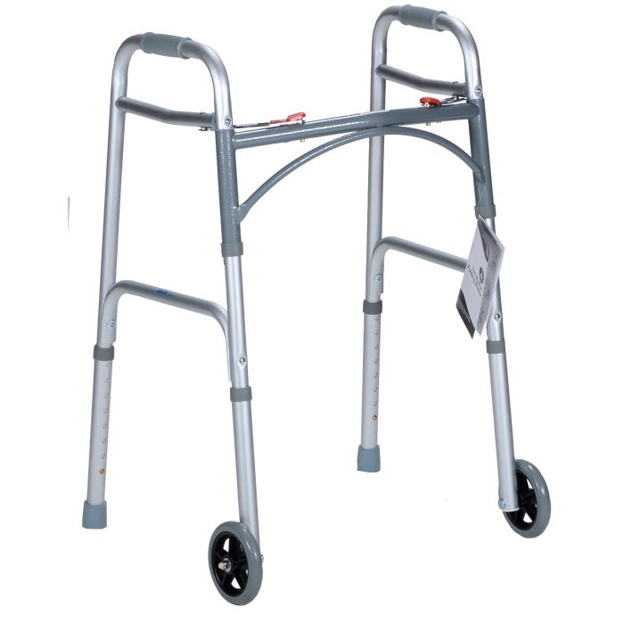 Dynarex Two Button Folding Walker With Wheels size adult per box quantity is 1