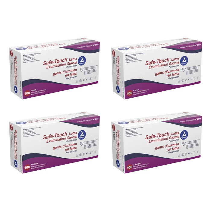 Dynarex Safe-Touch Latex Exam Gloves, Powder-Free case of 10 Quantity per box: 100