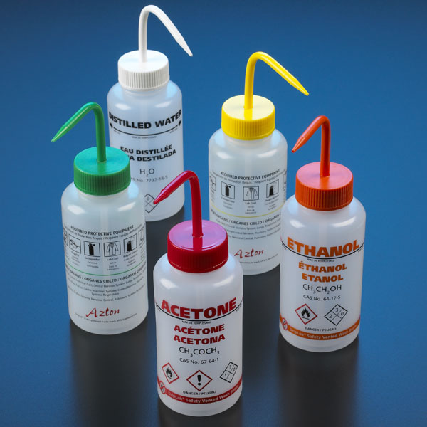 Globe Scientific Wash Bottle, Isopropanol, 500mL, GHS, LDPE, Safety Vented, YELLOW Screwcap - GS-WGW539VTML-GHS
