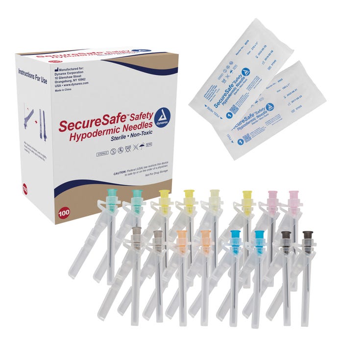Dynarex SecureSafe Safety Hypodermic Needles gauge 20G  case of 10 Quantity per box: 100