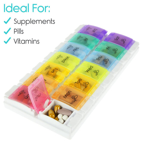 AM/PM PILL ORGANIZER, COLOR-CODED, PUSH-BUTTON LIDS, DETACHABLE - LVA2010