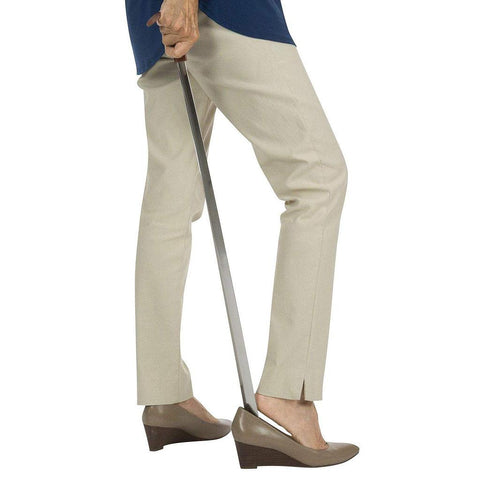 16" METAL SHOE HORN, STAINLESS STEEL W/LEATHER GRIP