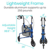 3 WHEEL ROLLATOR, COMPACT FOLDING, ALUMINUM, BAG, BLACK