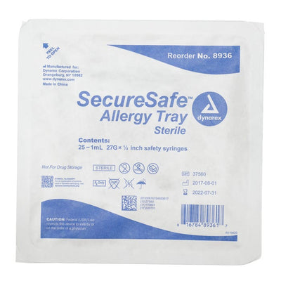Dynarex SecureSafe Allergy Safety Syringe Tray - 1cc - 27G - 1/2in Needle case of 40 Quantity per box: 25
