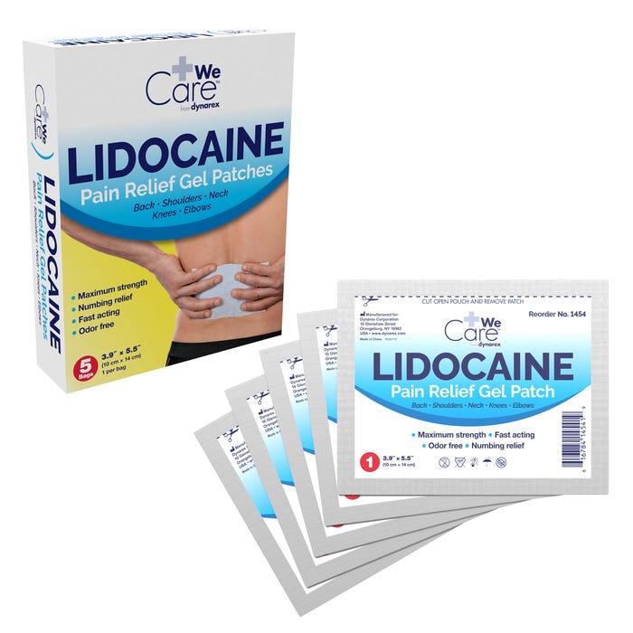 Dynarex Lidocaine Pain Relief Gel Patches - Back/Shoulders/Neck/Knees/Elbows - 3.9 X 5.5in case of 12 Quantity per box: 5