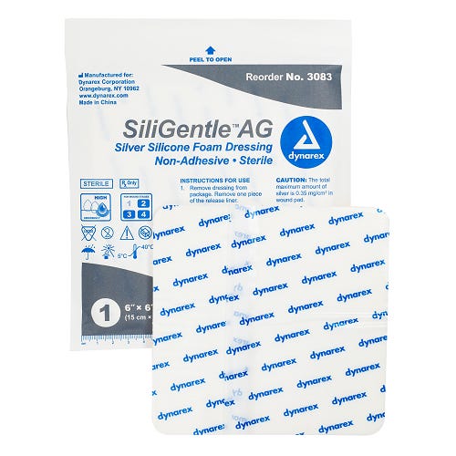 Dynarex SiliGentle AG Silver Silicone Foam Dressing 4'' * 5'' no case of 5 Quantity per box: 10